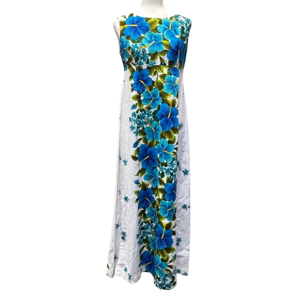 Ui-Maikai Maxi Dress Womens M White Blue Hibiscus Floral Tropical 60s Tiki Boho